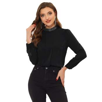 Allegra K Women's Mock Neck Puff Sleeve Long Sleeves T Shirts Tops Bodysuits  Black Small : Target