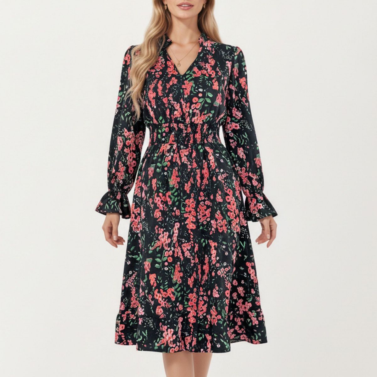 Anna-Kaci Women's Floral Print Smocked Waist Dress with Long Sleeves, V-Neckline, and Ruffled Hem for a Feminine and Flattering Fit