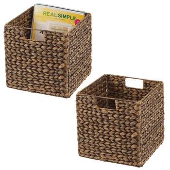 mDesign Hyacinth Woven Cube Bin Basket Organizer, Handles, 2 Pack, Brown Wash