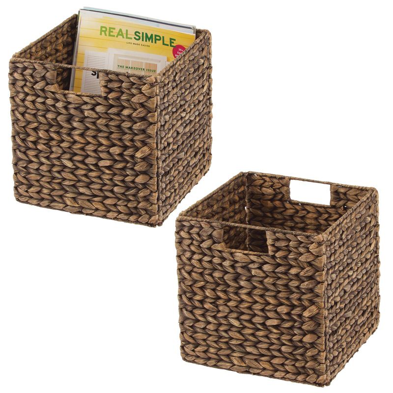 mDesign Hyacinth Woven Cube Bin Basket Organizer, Handles, 2 Pack, Brown Wash, 1 of 10