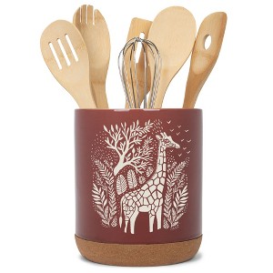 Elanze Designs Kitchen Utensil Holder With Non Slip Cork Base Large 8 Inch Ceramic Storage Crock Safari Animal Countertop Organizer Giraffe Red - 1 of 4