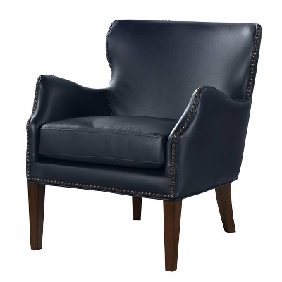 Midnight Blue Faux Leather Accent Chair with Wood Legs