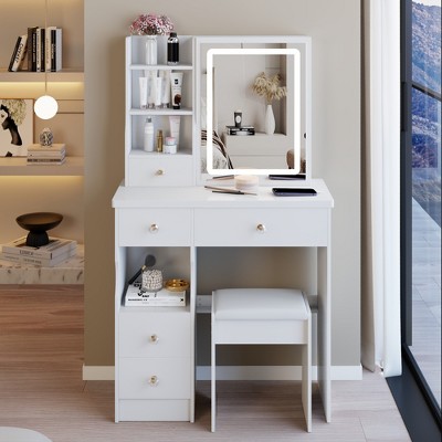 VYNXARIA 29.2" Small Size Left Drawer Desktop Vanity Table&Cushioned Stool,Large Sliding,High Capacity Storage, Suitable for Small Space£¬White