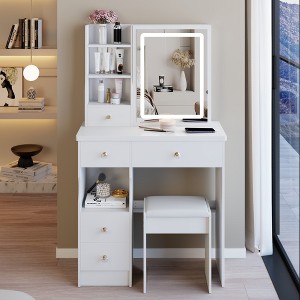 VYNXARIA 29.2" Small Size Left Drawer Desktop Vanity Table&Cushioned Stool,Large Sliding,High Capacity Storage, Suitable for Small Space£¬White - 1 of 4