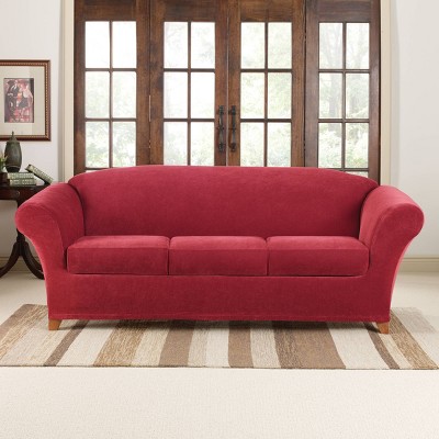 Red Stretch Pique Sofa Slipcover with Cushion Covers