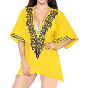 LA LEELA women's Vacation Casual Swim Holiday Beachwear Summer Beach Dress Short Party Bathing Suit Cover Ups 1X-2X Yellow, Solid - 1 of 4