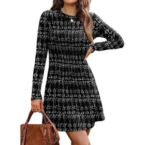 2025 Women's Long Sleeve Sweater Dress for Fall, Crew Neck Knit Midi Dress Black Plaid - 1 of 4