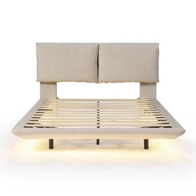 HomeRoots Beige Tufted Upholstered Queen Bed Frame With LED Lighting And USB