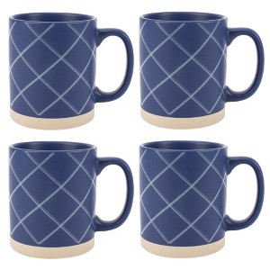 Elanze Designs Modern Plaid Raw Clay Bottom Navy Blue 16 ounce Ceramic Coffee Mugs Set of 4 - 1 of 4