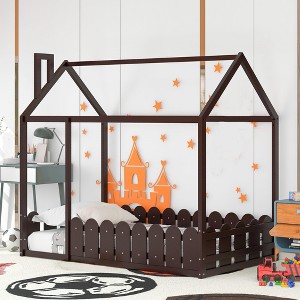 Wooden Canopy Bed Frames, Mattress House Platform Bed Floor Bed Frames with Guardrail for Guest Room Boys Girls Bedroom - 1 of 4