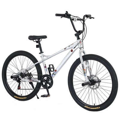Naysaye Bicycles Freestyle Kids Bike Double Disc Brakes 26 Inch for Boys and Girls for Outdoors, Silver, 68.8"*26.77"*47.6"