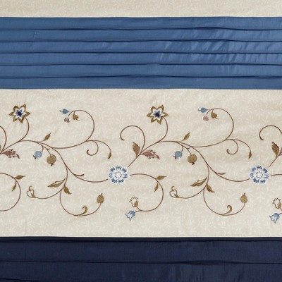 Navy Faux Silk Embroidered Floral Shower Curtain