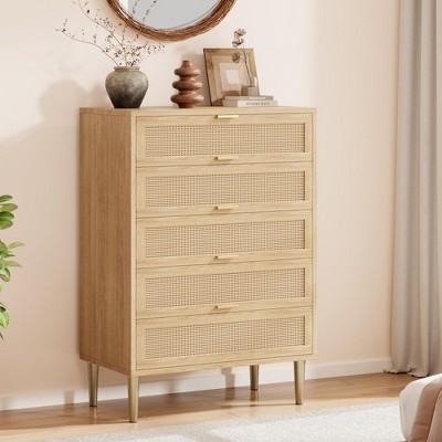 Rattan 5 Drawer Dresser, 44''Tall Narrow Chest of Drawer, Farmhouse Wooden Vertical Dresser with Metal Legs