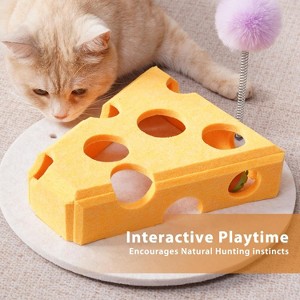 Cheese Shape Cat Toy with Track Balls and Spring Teaser – Interactive Felt Puzzle Box for Indoor Cats Anti-Slip Suction Base (Yellow) - 1 of 4