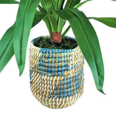 36" Green Artificial Dracaena Plant with Blue and Cream Wicker Basket