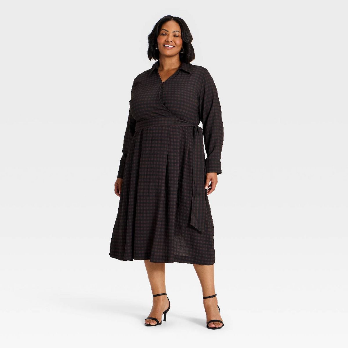 Women's Long Sleeve Tie-Waist Midi Dress - A New Day™ Brown Gingham - thumbnail 4