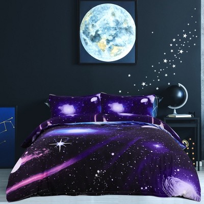 3 Pcs Polyester Galaxy Sky Cosmos Night Bedding Sets Queen Dark Purple - PiccoCasa