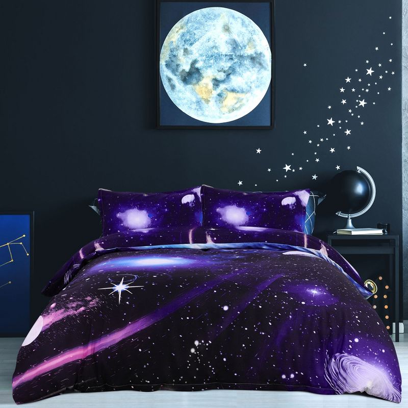 PiccoCasa 100% Polyester Galaxies Purple Duvet Cover Sets Includes 1 Duvet Cover 2 Pillow Shams Queen, 2 of 7