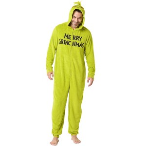 Seven Times Six The Grinch Union Suit Men's Merry Grinchmas Zip Up Plush Hooded Loungewear Green - 1 of 4