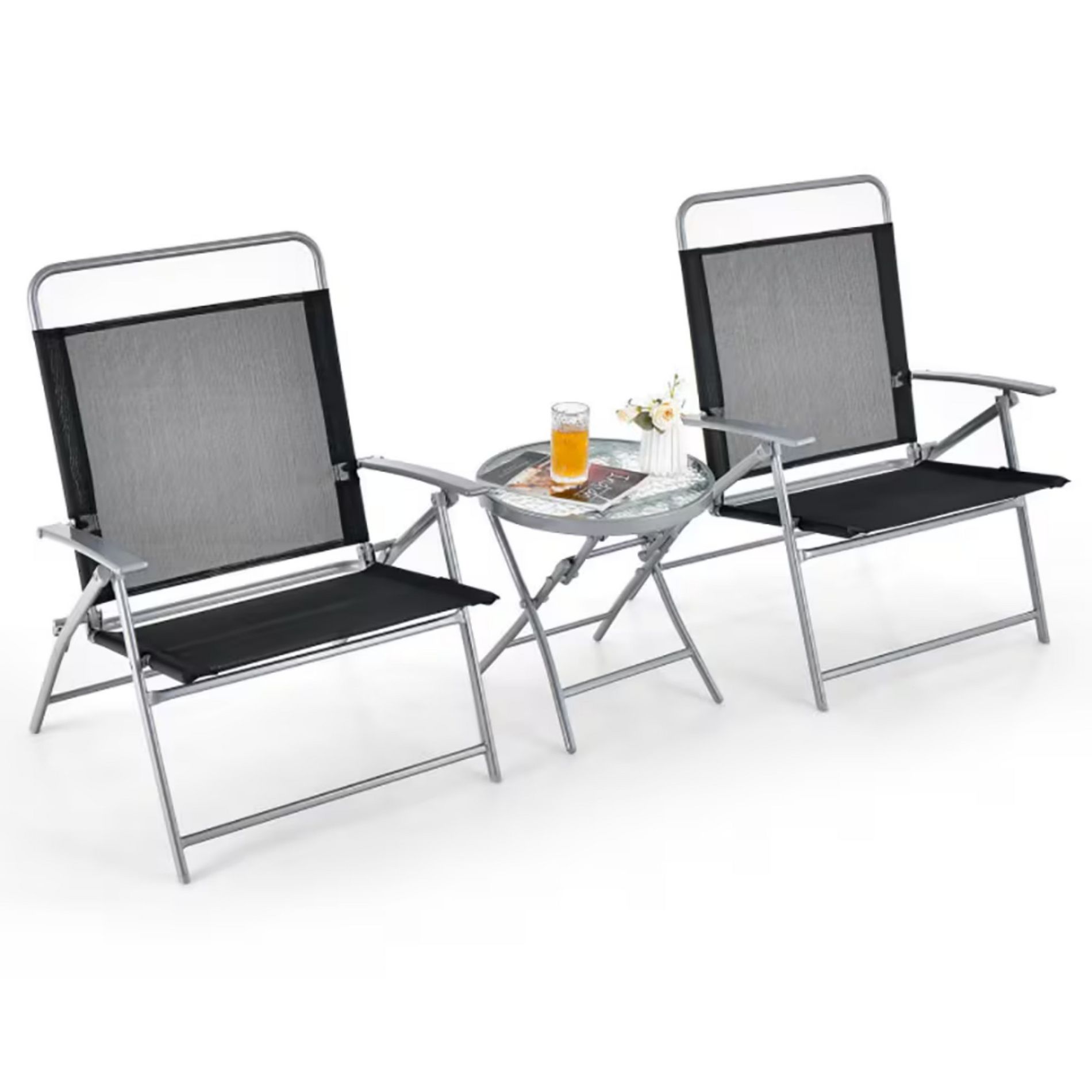 Dsvimoy Patio Accent Table Set 3 Piece Folding Chair Set for Outdoor Conversation Space, Black and Silver, 40"*30"*20"