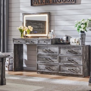Mastgoal 69" W Big Vanity Desk with Glass Top, Farmhouse Makeup Table with 9 Large Storage Drawers, 3 Color Available Light & 30" HD Led Mirror - 1 of 4