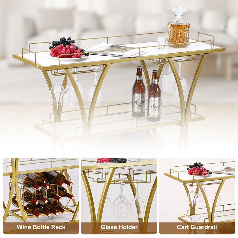 Gold Bar Cart with Wheels, 3 Tier Bar Serving Cart with Glass Holder and Wine Rack, 3 of 7