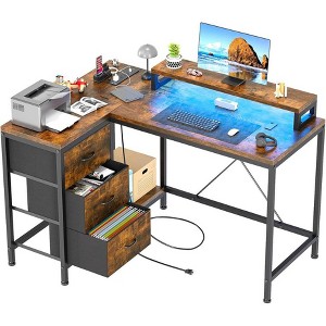 L-Shaped Gaming Desk with Power Outlets & LED Lights - Computer Corner Desk with Drawers & Shelves for Home Office - 1 of 4