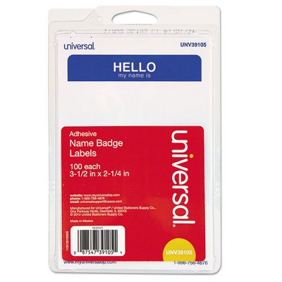 Universal Hello Self-Adhesive Name Badges, 3.5 x 2.25, White/Blue, 100/Pack