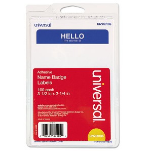 Universal Hello Self-Adhesive Name Badges, 3.5 x 2.25, White/Blue, 100/Pack - 1 of 2