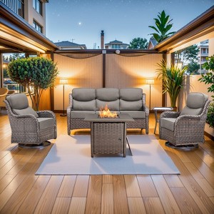 Buenhomino 5Pcs Patio Furniture Set with Fire Pit - Wicker Patio Conversation Set with Swivel Glider, Wicker Sofa, Tempered Side Table,6-inch Cushion - 1 of 4