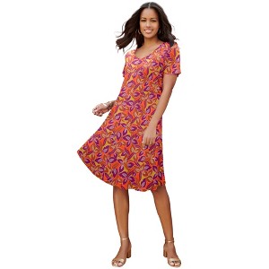 Roaman's Women's Plus Size Ultrasmooth V Neck Swing Dress - 1 of 4