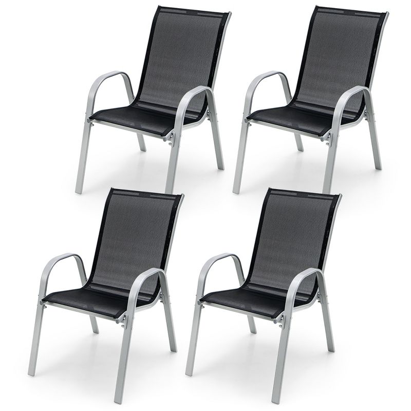Tangkula 4PCS Patio Stacking Dining Chairs w/ Curved Armrests & Breathable Seat Fabric, 1 of 11