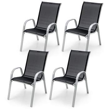 Tangkula 4PCS Patio Stacking Dining Chairs w/ Curved Armrests & Breathable Seat Fabric