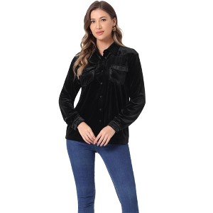 INSPIRE CHIC Women's Velvet Long Sleeve Button Down Casual Shirts - 1 of 4