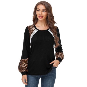 Clearlove Women's Leopard Print Tunic Tops Casual Color Block Blouse Long Sleeve T Shirt - 1 of 4