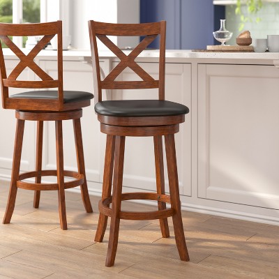 Antique Oak Crossback Swivel Barstool with Black Vinyl Seat