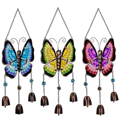 Vibrant Metal Butterfly Garden Windchimes with Faux Jewel Accents - Set of 3