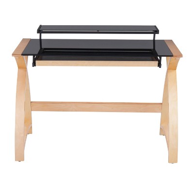 Bentley 43'' Natural Wood and Black Glass Mid-Century Modern Desk with Hutch