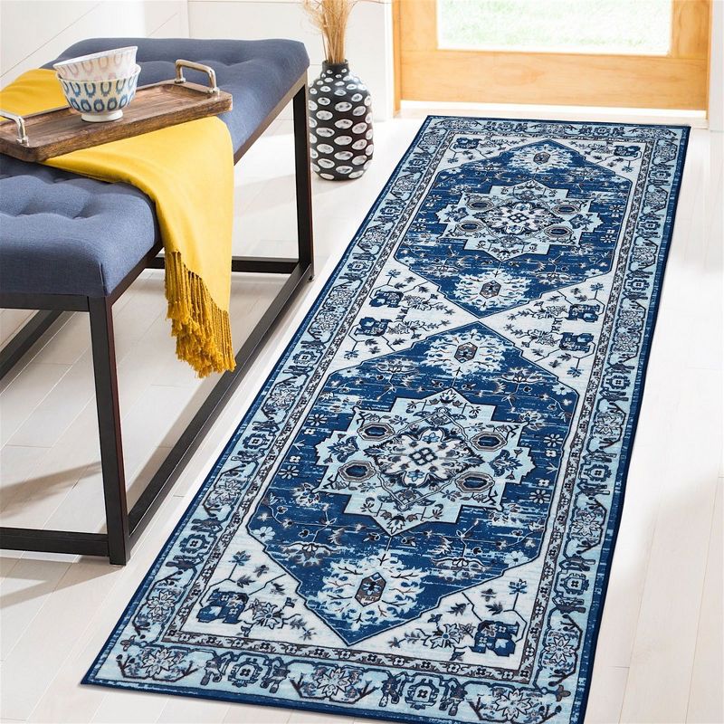 Machine Washable Rug Vintage Floral Washable Area Rugs with Non Slip Rugs for Living Room Bedroom Traditional Carpet Stain Resistant, 2' x 6' Blue, 2 of 9