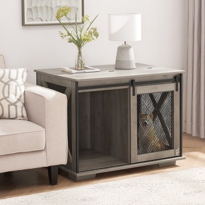 Dog Crate Furniture Pet Cage For Small/Medium/Large Dogs, Wooden Flip-up Top Opening Kennel With Sliding Barn Door, Pet Crate Side End Table