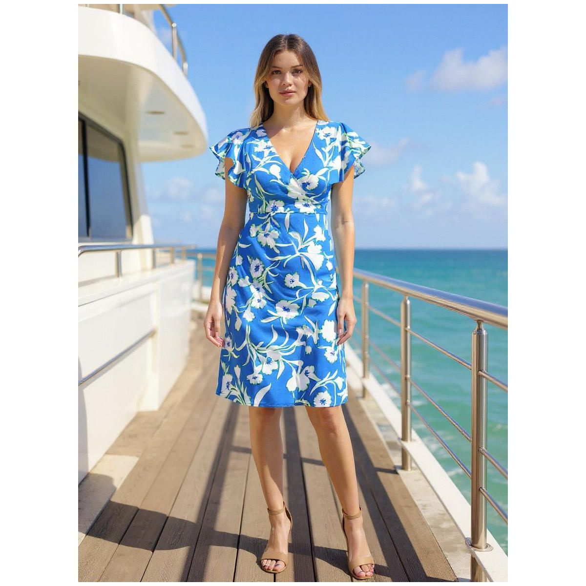Womens Floral Flutter Sleeve Faux Wrap Knee Length Dress - 24seven Comfort Apparel™ - thumbnail 5