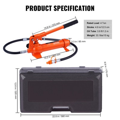 VEVOR 4 Ton Porta Power Kit, Portable Hydraulic Jack with 3.9 ft/1.2 m Oil Hose, Auto Body Frame Repair Kit with Storage Case (8800 LBS)