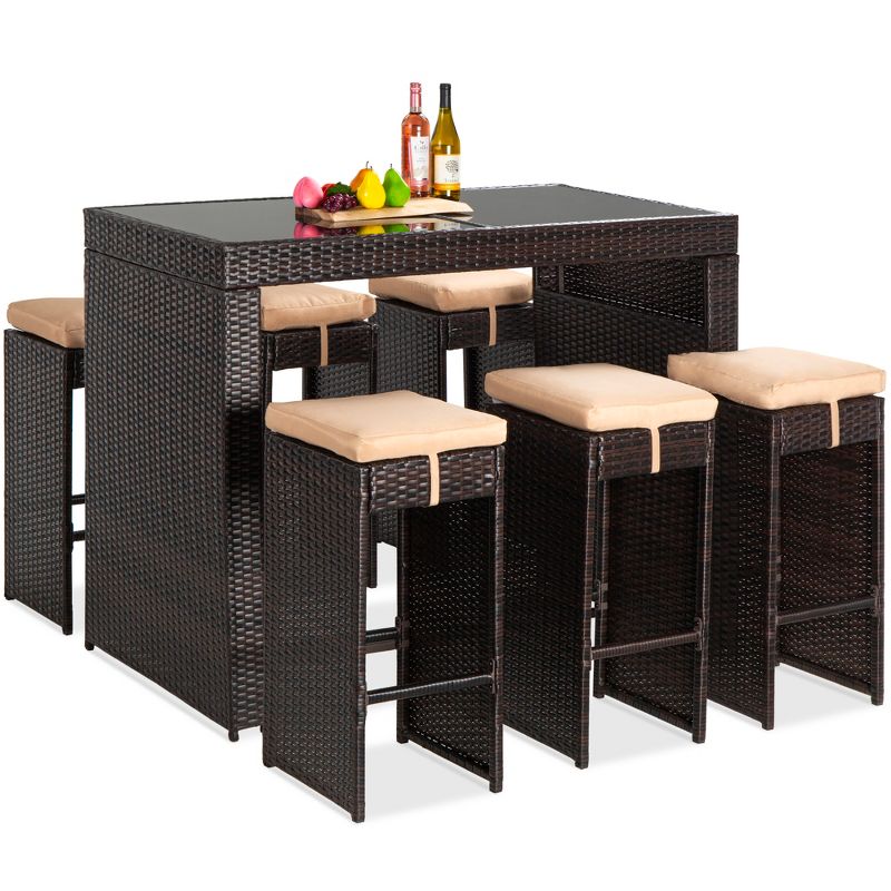 Best Choice Products 7-Piece Outdoor Rattan Wicker Bar Dining Patio Furniture Set w/ Glass Table Top, 6 Stools, 1 of 9