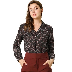 INSPIRE CHIC Women's V-neck Long Sleeve Floral Faux Pocket Blouse - 1 of 4
