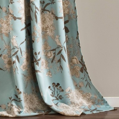 Blue Botanical Garden Polyester Room Darkening Curtain Pair