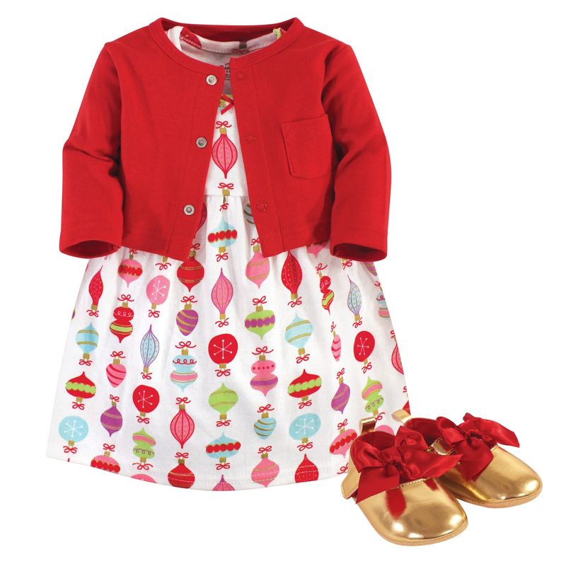 Little Treasure Baby Girl Cotton Dress, Cardigan and Shoe 3pc Set, Glitzmas, 1 of 3