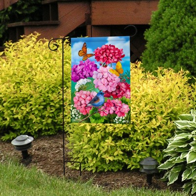 Spring Garden Flag with Geraniums, Birds, and Butterflies