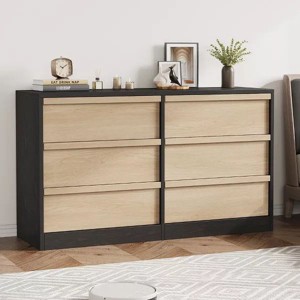 6 Drawer Dresser Chest of Drawers, Modern Double Dresser Organizer with Concave Handles, Wooden Chest of Drawers for Bedroom Living Room, Black - 1 of 4