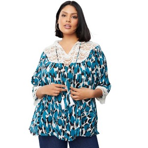 June + Vie by Roaman's Women's Plus Size Lace-Trim Crinkle Blouse - 1 of 4