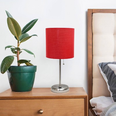 Brushed Steel Table Lamp with Red Fabric Drum Shade and USB Port